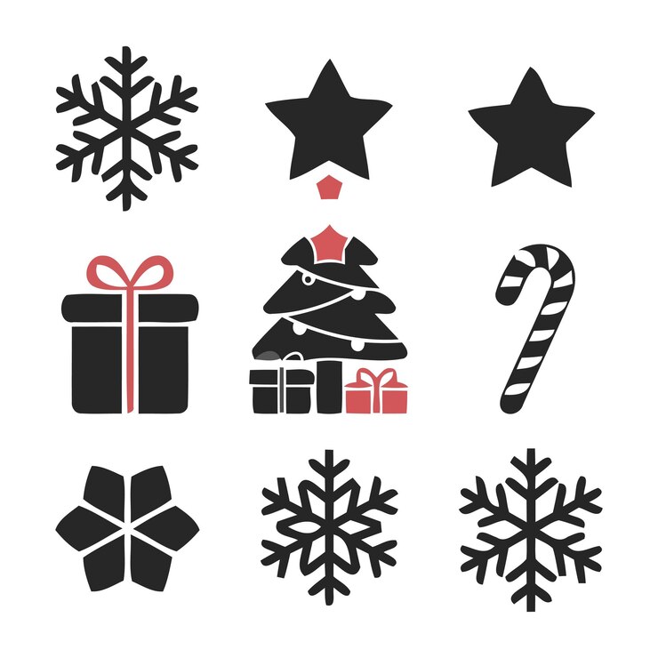una colección de artículos navideños en blanco y negro que incluyen un caramelo de árbol de Navidad y una estrella