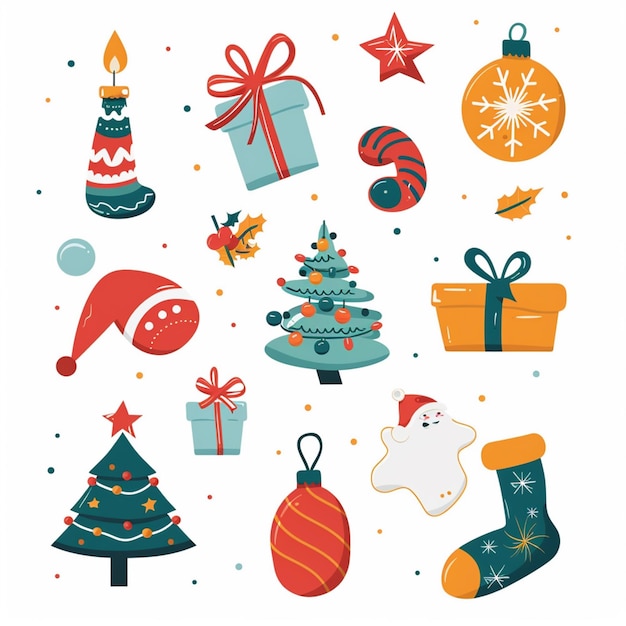 una colección de artículos navideños incluyendo Santa Santa y Santa