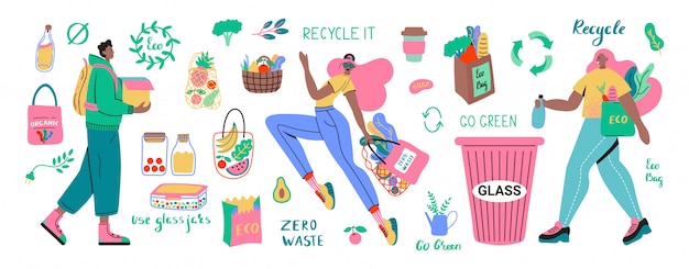 Colección de artículos o productos duraderos y reutilizables Zero Waste: frascos de vidrio, bolsas de supermercado ecológicas, cubiertos de madera, peine, cepillo de dientes y cepillos, taza térmica. Ilustración de conjunto plano