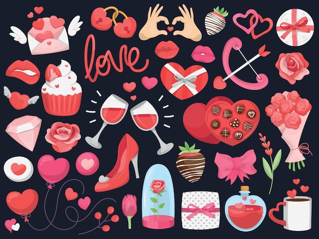 Colección de artículos y objetos lindos y simples relacionados con el Día de San Valentín. Ilustraciones vectoriales coloridas