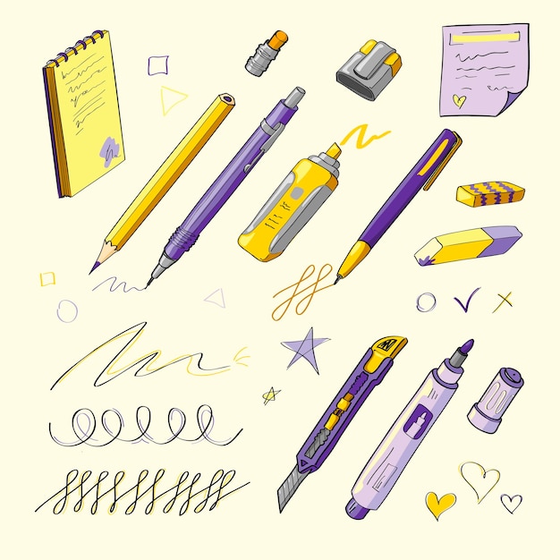 colección de artículos de oficina vectoriales elegantes artículos de oficina en el estilo de dibujo a mano