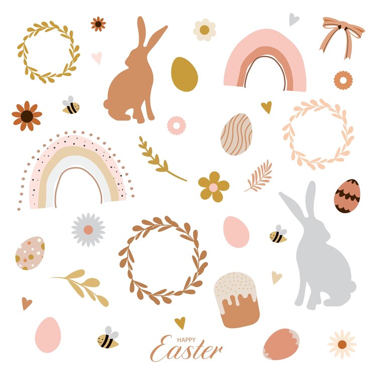 Vector una colección de artículos de pascua que incluyen un conejito, un arcoíris, un arcoíris y un conejito.