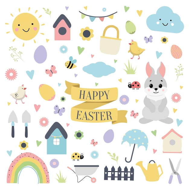 Una colección de artículos de pascua que incluyen un conejito un conejito