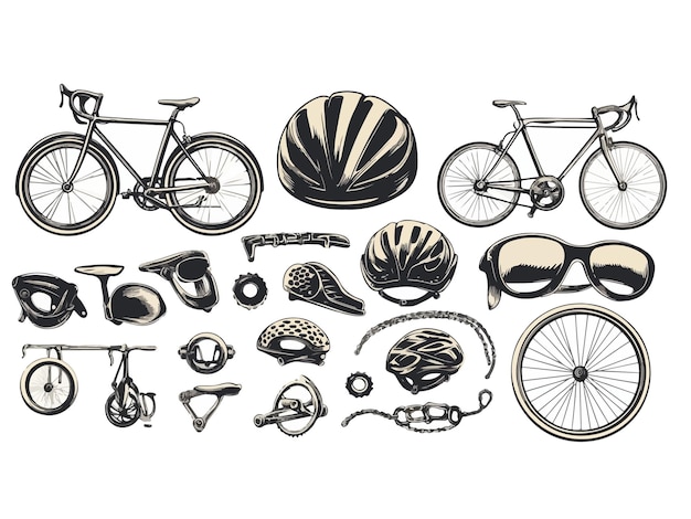 una colección de artículos que incluyen una bicicleta una bicicleta y una bicicleta