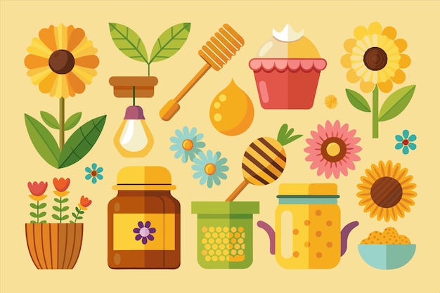 una colección de artículos que incluyen una jarra de flores de miel y una jarra de miel