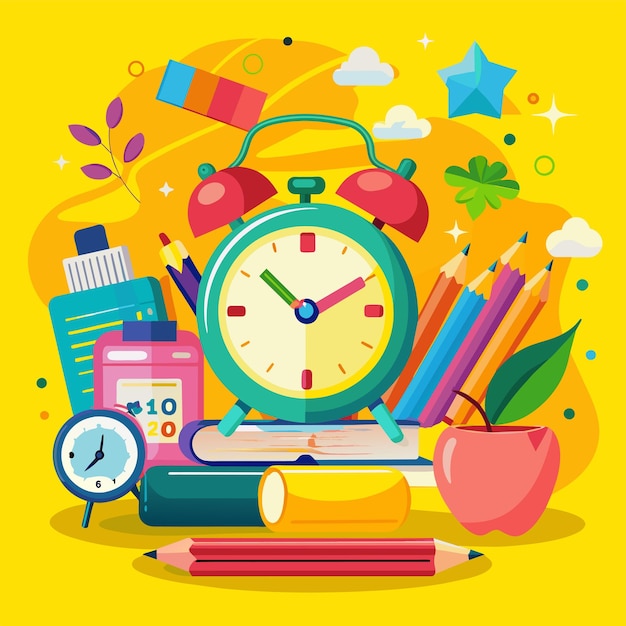 una colección de artículos que incluyen un reloj lápices plumas lápices y otras cosas