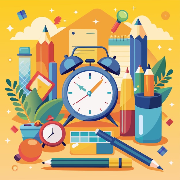 una colección de artículos que incluyen un reloj un reloj y un lápiz