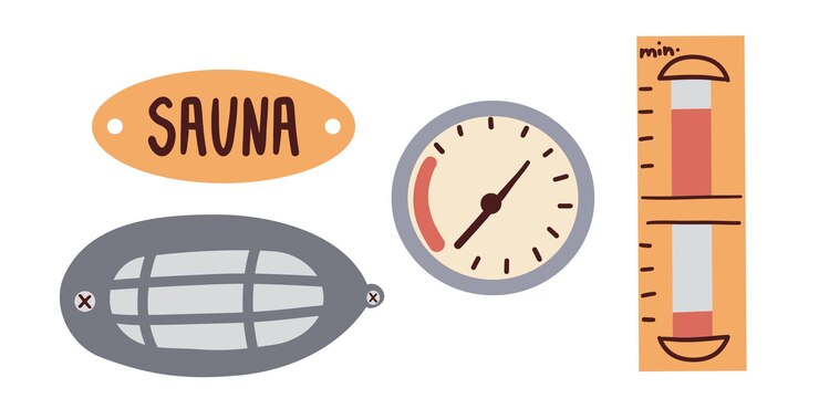Vector colección de artículos de sauna con termómetro de sauna de cedro, temporizador de arena de pared y luz de sauna ilustración vectorial de dibujos animados aislada en blanco