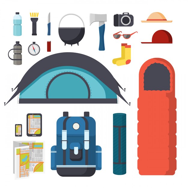 Colección de artículos para senderismo y camping. Set viajero: carpa, saco de dormir, colchoneta, gadgets, mapa. Mochila de senderismo turístico con cosas. Conjunto de cosas para el turismo en la naturaleza.