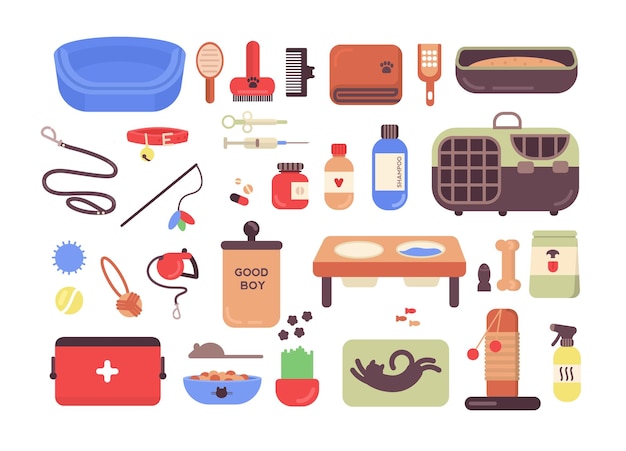 Colección de artículos de tienda de mascotas para gatos y perros aislados en fondo blanco. Conjunto de artículos para el cuidado, tratamiento, aseo, entretenimiento, alimentación de animales domésticos. Ilustración de vector plano colorido.