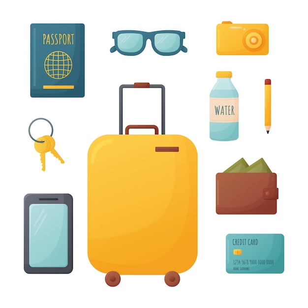 Colección de artículos de viaje y accesorios para vacaciones.