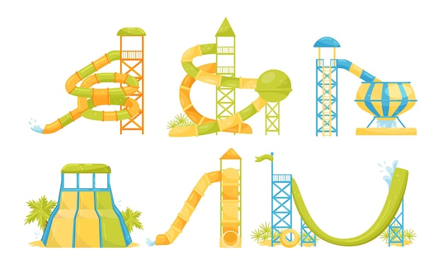 Colección de atracciones del parque acuático Aquapark piscina acuática toboganes tuberías Ilustración vectorial sobre un fondo blanco