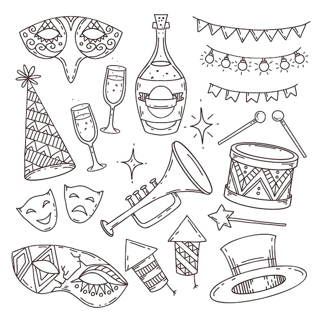 Colección de atributos de carnaval en estilo doodle sobre fondo blanco, símbolos de carnaval veneciano