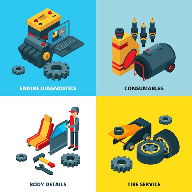 Colección de autopartes. Motor automóvil ruedas acumulador transmisión engranajes vector imágenes isométricas