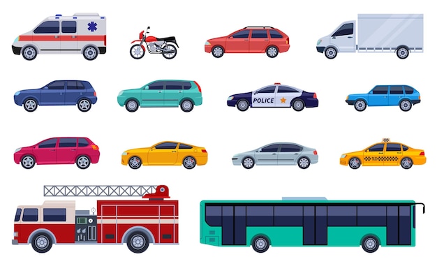 Colección de autos planos objetos de automóviles y autobuses de diseño automático vehículos inteligentes aislados transporte público urbano y taxi transporte de colección de vectores exactos