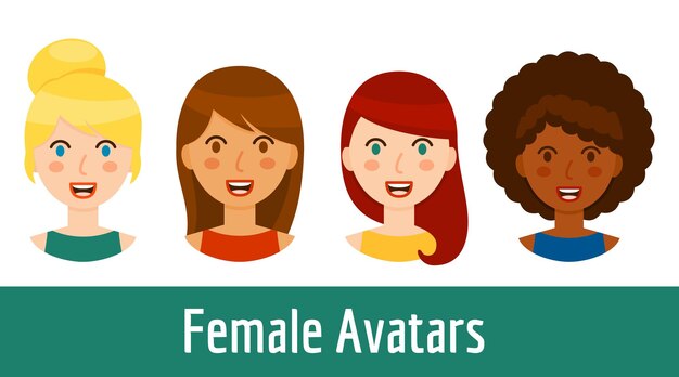 Colección de avatares de diferentes mujeres aislada sobre fondo blanco. Retratos de hermosas niñas sonrientes en estilo de dibujos animados - rubia, morena, pelo rojo y chica negra. Ilustración vectorial.