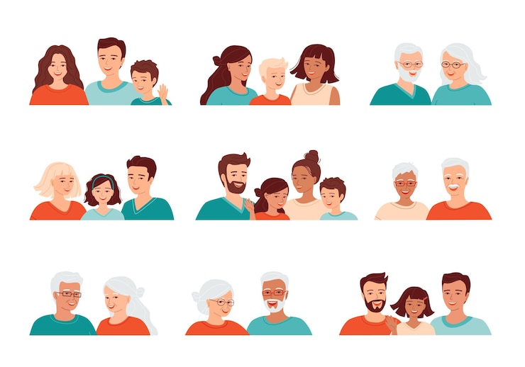 Vector colección de avatares de familias maduras y jóvenes con niños