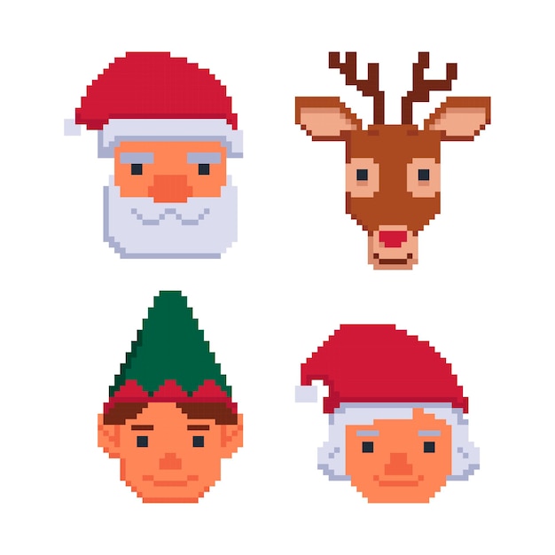 Colección de avatares navideños aislados en un fondo blanco.ilustración de vector en pixel art