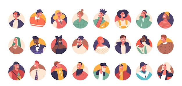 Colección de avatares de personas diversas, cada personaje con accesorios de ropa y expresiones únicas