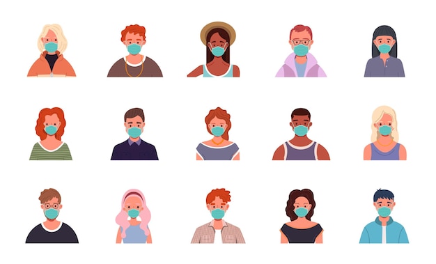 Vector colección de avatares de personas con máscaras médicas retratos de usuarios para protección antivirus hombres y mujeres