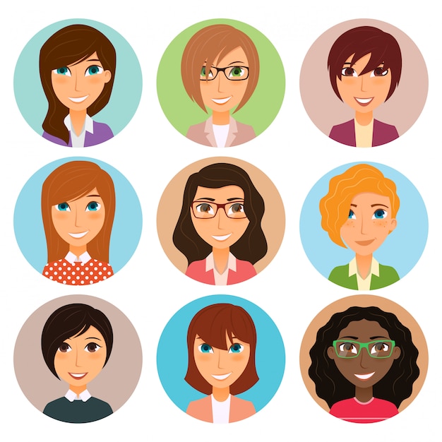 Colección de avatares de varios personajes de mujeres jóvenes.