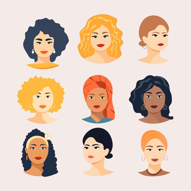 Una colección de avatares vectoriales de mujeres multinacionales multiculturales modernas con diferentes peinados un conjunto de retratos de mujeres jóvenes de diferentes razas ilustración vectorial brillante en un estilo plano