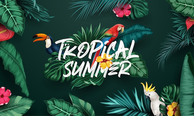 Colección de aves y fondo de plantas tropicales.