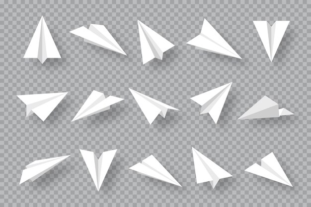Colección de aviones de papel hechos a mano realistas en aviones origami de fondo transparente en estilo plano