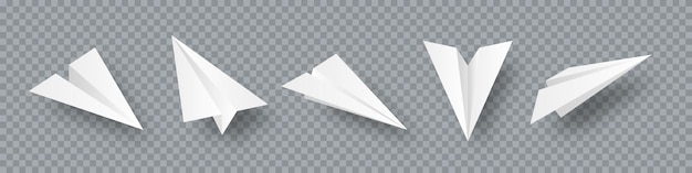 Colección de aviones de papel hechos a mano realistas en aviones origami de fondo transparente en estilo plano