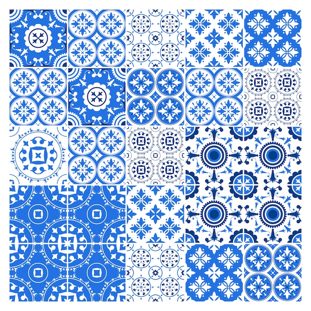 Colección de azulejos de mayólica diseño de azulejo. patrón azul con conjunto adornado nacional. ilustración.