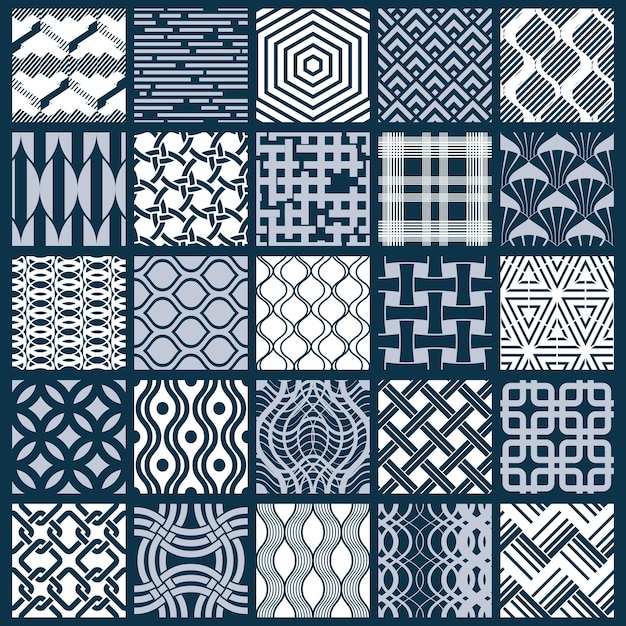 Colección de azulejos ornamentales gráficos, conjunto de patrones repetidos vectoriales monocromáticos. Las texturas abstractas de arte vintage se pueden usar como papeles de pared.