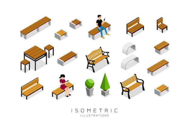 Vector colección de banco de madera isométrica con hombre y mujer.