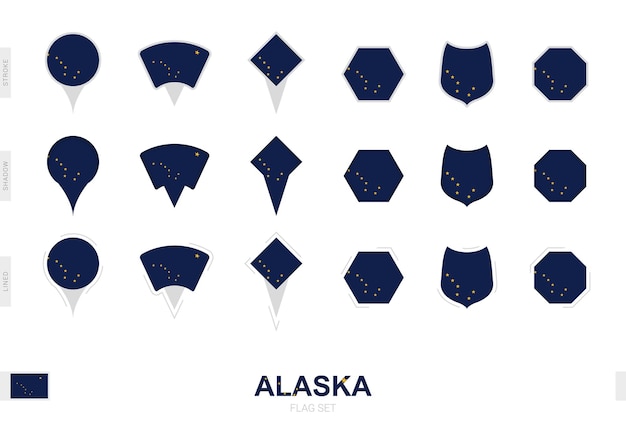 Colección de la bandera de Alaska en diferentes formas y con tres efectos diferentes