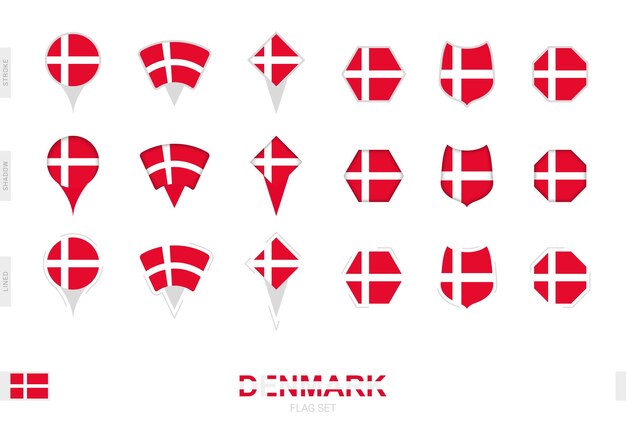 Colección de la bandera de Dinamarca en diferentes formas y con tres efectos diferentes