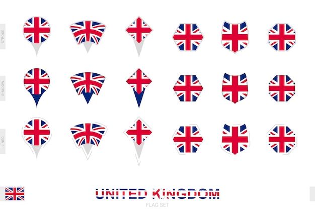 Colección de la bandera del Reino Unido en diferentes formas y con tres efectos diferentes