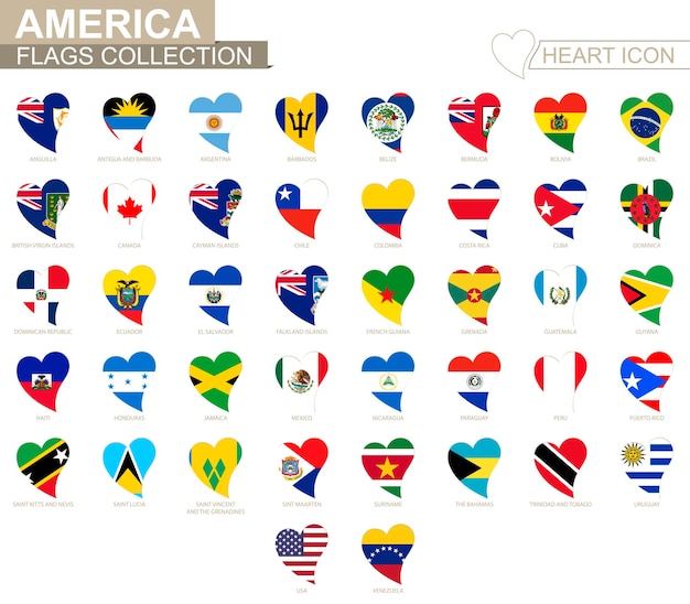 Colección de bandera de vector de países americanos. Conjunto de iconos de corazón.