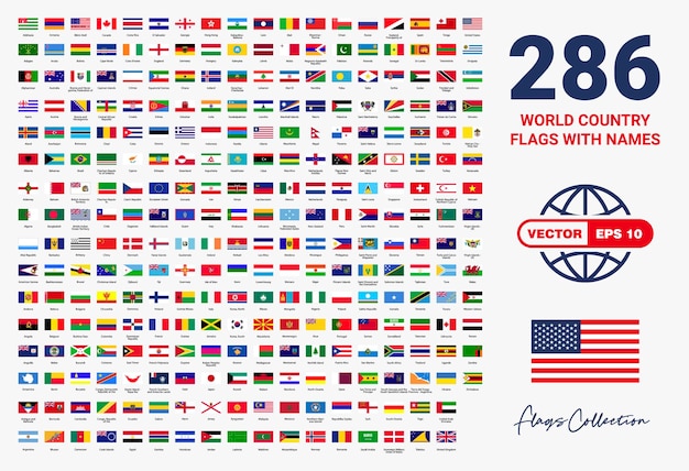 Colección de banderas de 286 países del mundo con archivos vectoriales de nombres