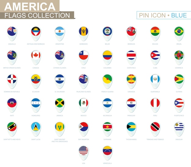 Colección de banderas de américa. gran conjunto de icono de pin azul con banderas de países americanos. ilustración de vector.