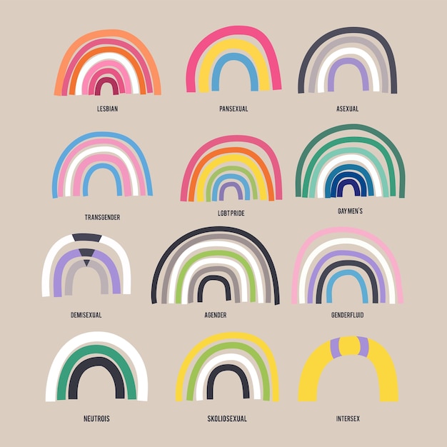 Colección de banderas del arco iris del orgullo LGBTQ Diferentes diseños de la comunidad LGBTQ Bisexual Gay Lesbianas Vector de stock identidad sexual banderas del orgullo establecen pegatinas