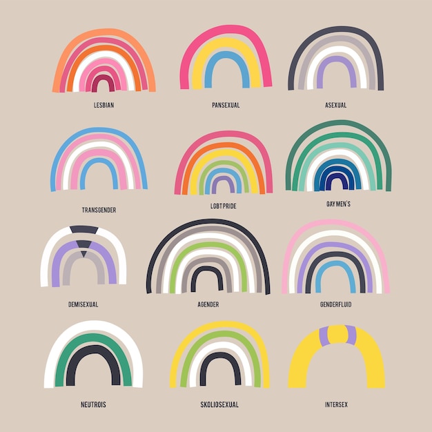 Vector colección de banderas del arco iris del orgullo lgbtq diferentes diseños de la comunidad lgbtq bisexual gay lesbianas vector de stock identidad sexual banderas del orgullo establecen pegatinas