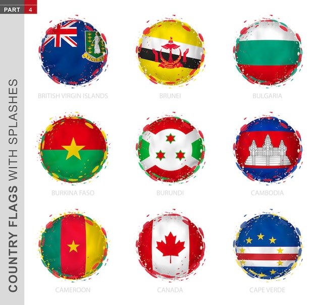 Colección de banderas bandera grunge redonda con salpicaduras 9 banderas vectoriales