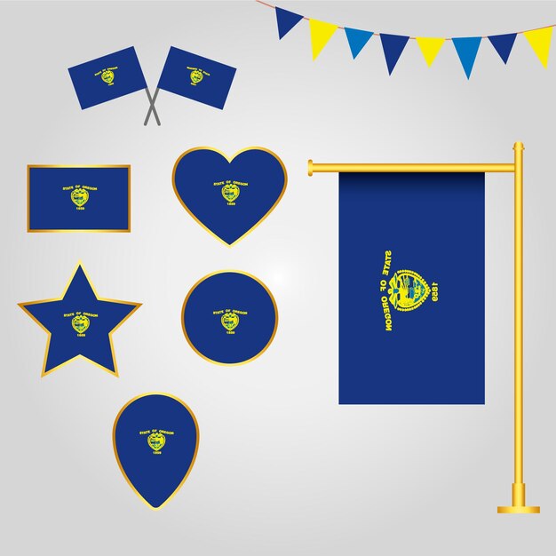 colección de banderas de los emblemas e iconos del estado de Oregón en diferentes formas