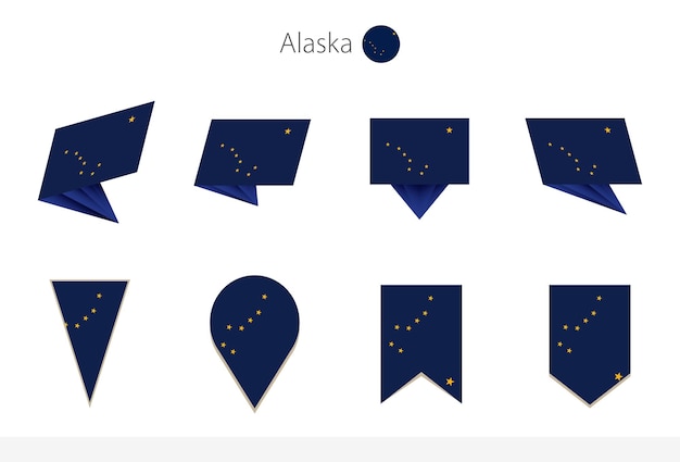 Colección de banderas del estado de Alaska, EE. UU., ocho versiones de banderas vectoriales de Alaska