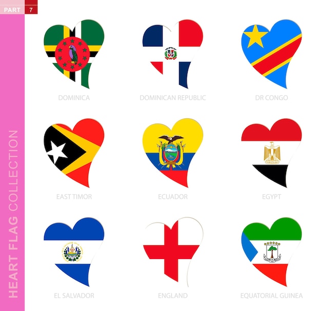 Colección de banderas en forma de corazón 9 icono de corazón con bandera del país Dominica República Dominicana RD Congo Timor Oriental Ecuador Egipto El Salvador Inglaterra Guinea Ecuatorial