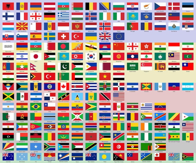 Colección de banderas mundiales con nombres de países mostrados