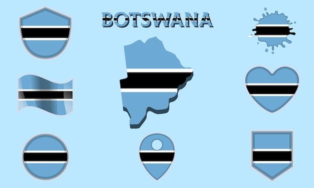 Colección de banderas nacionales planas de Botsuana con mapa