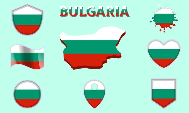 Vector colección de banderas nacionales planas de bulgaria con mapa