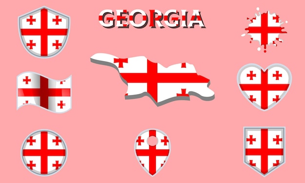 Colección de banderas nacionales planas de Georgia con mapa