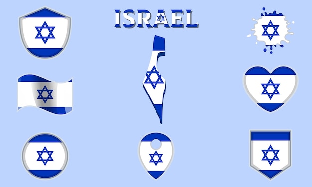 Vector colección de banderas nacionales planas de israel con mapa