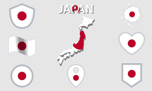 Vector colección de banderas nacionales planas de japón con mapa